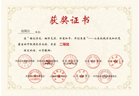 23财管2赵晟北 2025年山东抗战历史知识竞赛省级二等奖